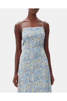 Floral Crinkled Satin Long Dress | Dusty Blue