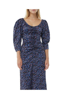 Floral Crinkled Satin U neck Midi Dress | Black