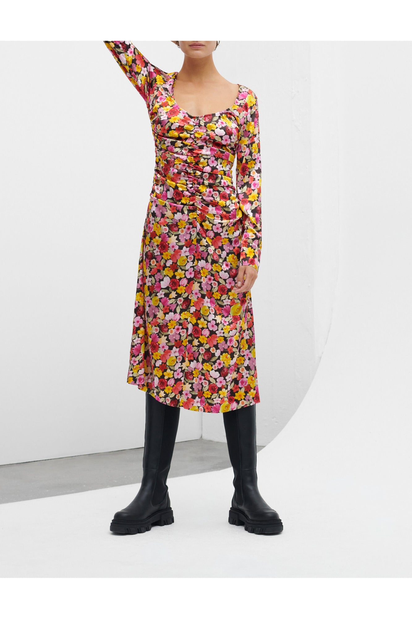 Floral Silk Blend Gather Dress | Mole