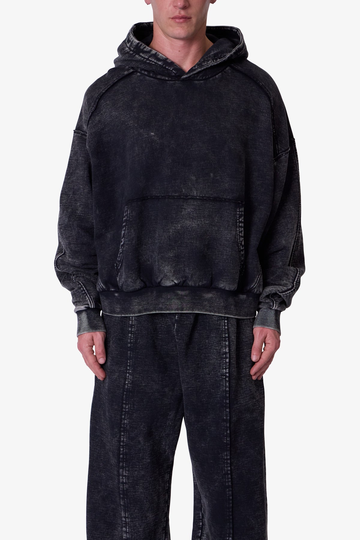 Frayed Seam Acid Wash Hoodie | Black