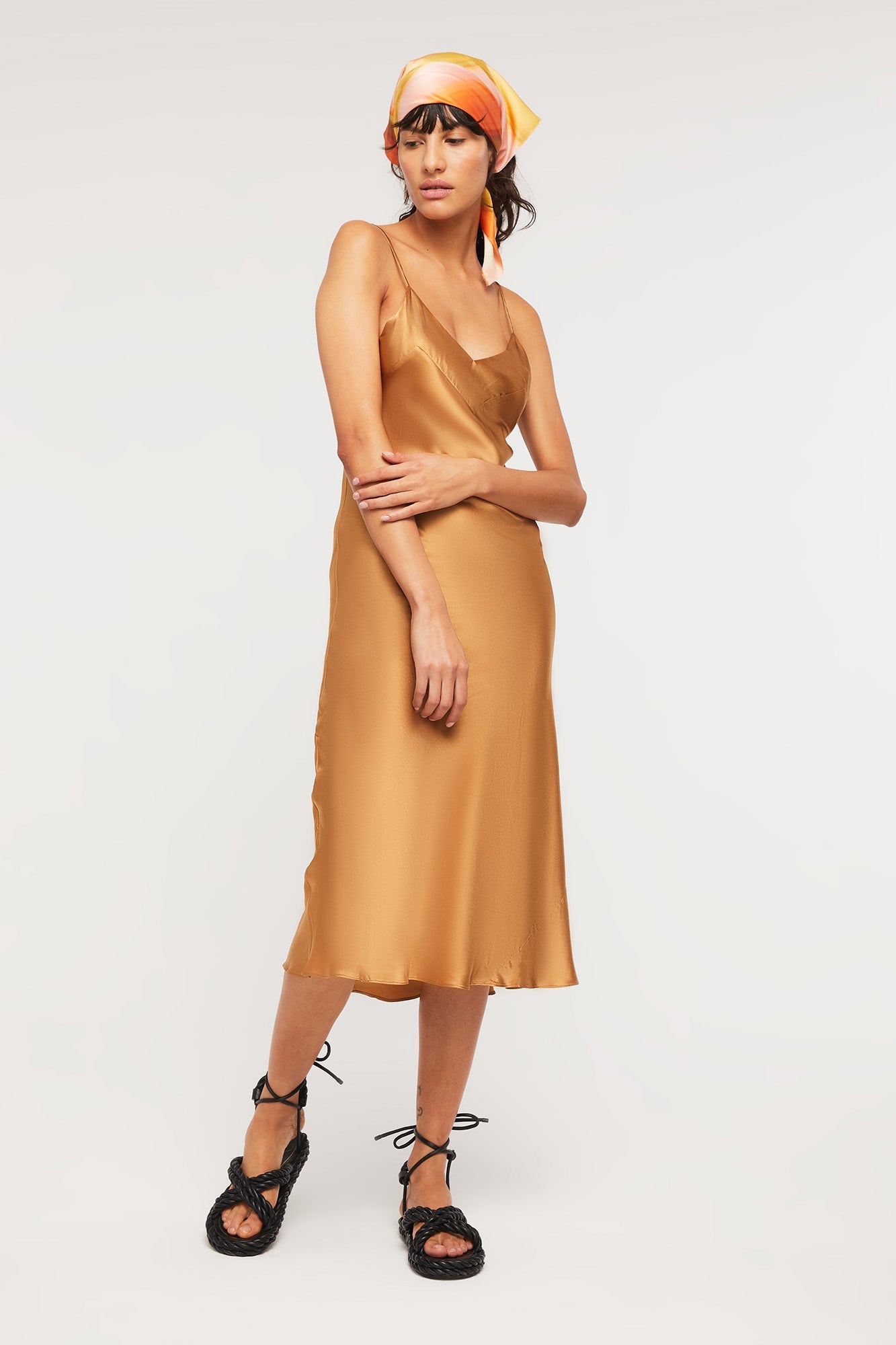 Silk V Neck Slip | Caramel