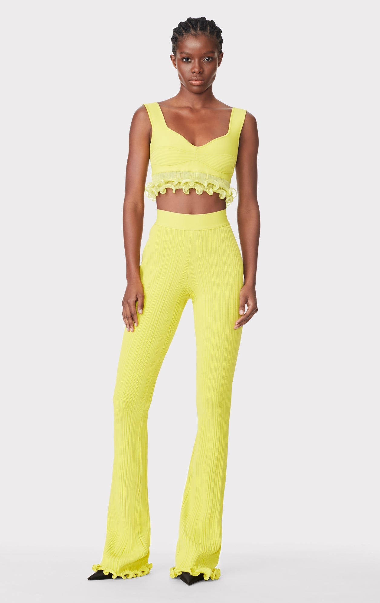 Ribbed Pants With Ruffled Hem | Chartreuse