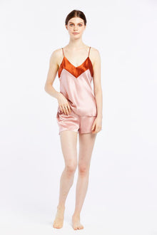 Contrast Wide Band Silk V-Neck Long Nite | Dusty Rose/Amber