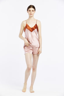 Contrast Wide Band Silk V-Neck Long Nite | Dusty Rose/Amber