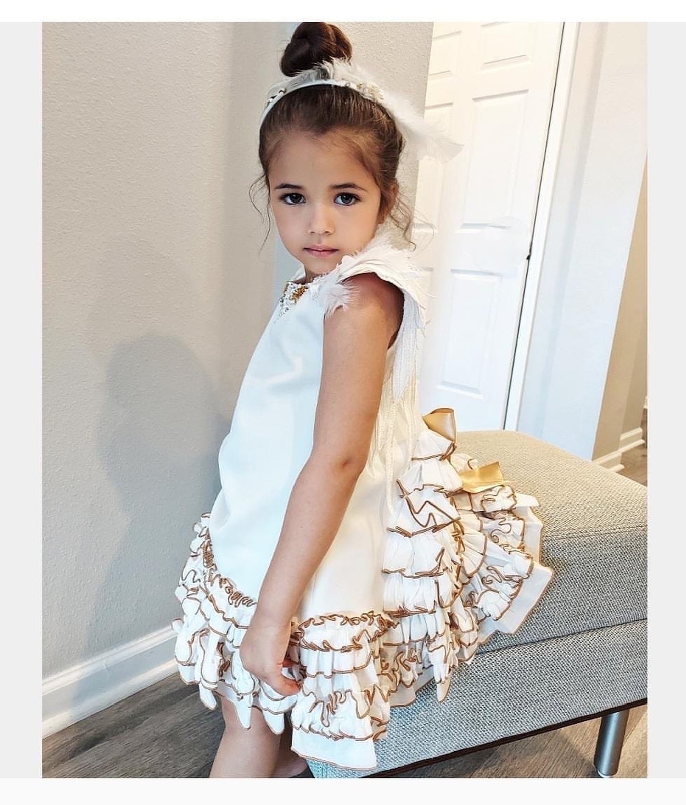 Girl | Angelina Feather Wings Dress | White x Gold