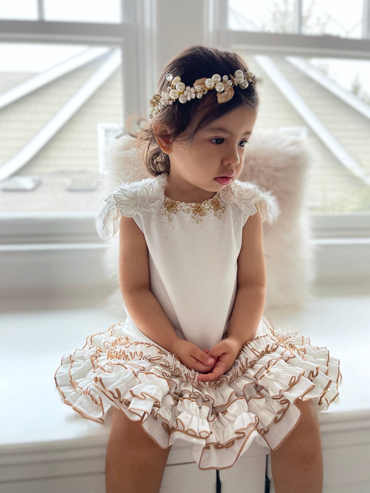 Girl | Angelina Feather Wings Dress | White x Gold