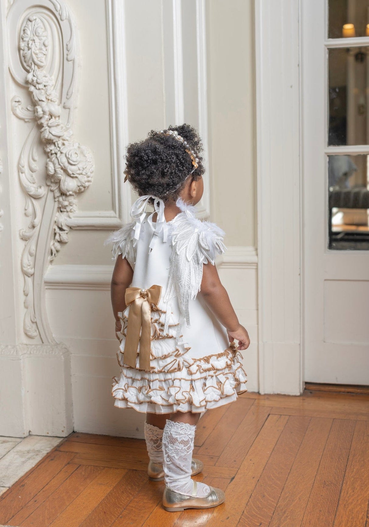 Girl | Angelina Feather Wings Dress | White x Gold