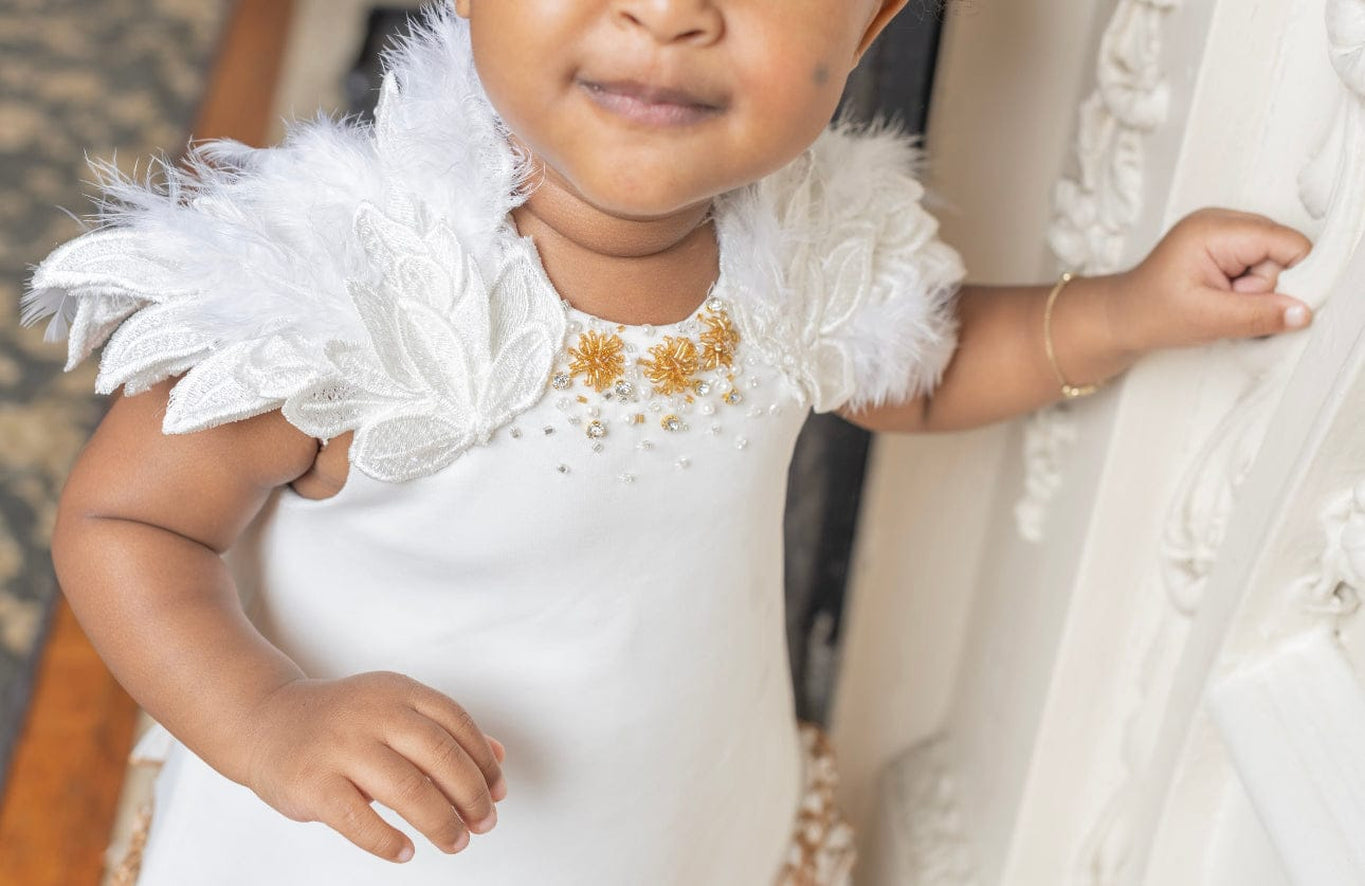 Girl | Angelina Feather Wings Dress | White x Gold