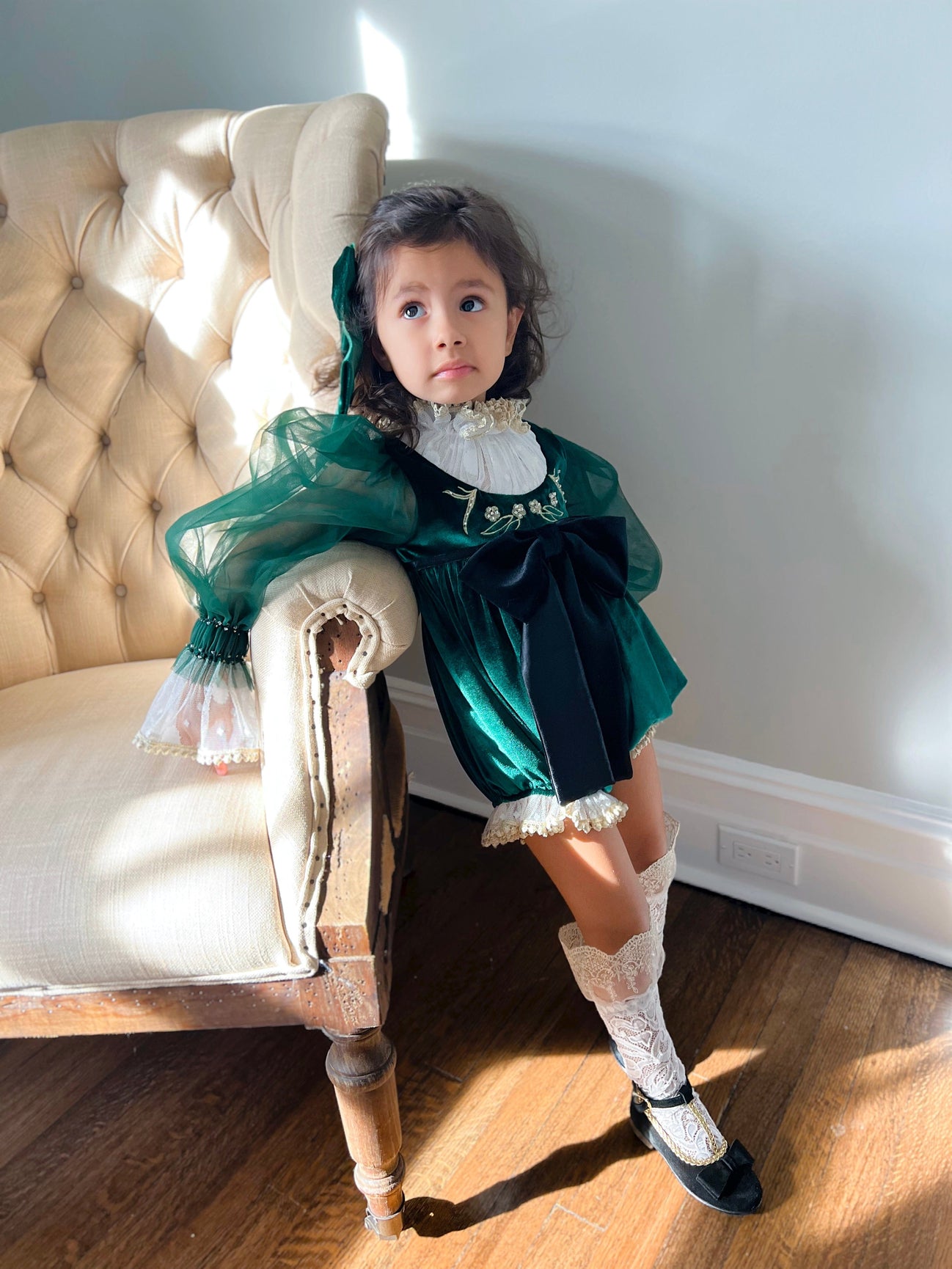Girl | Aurora Royal Green Velour Romper