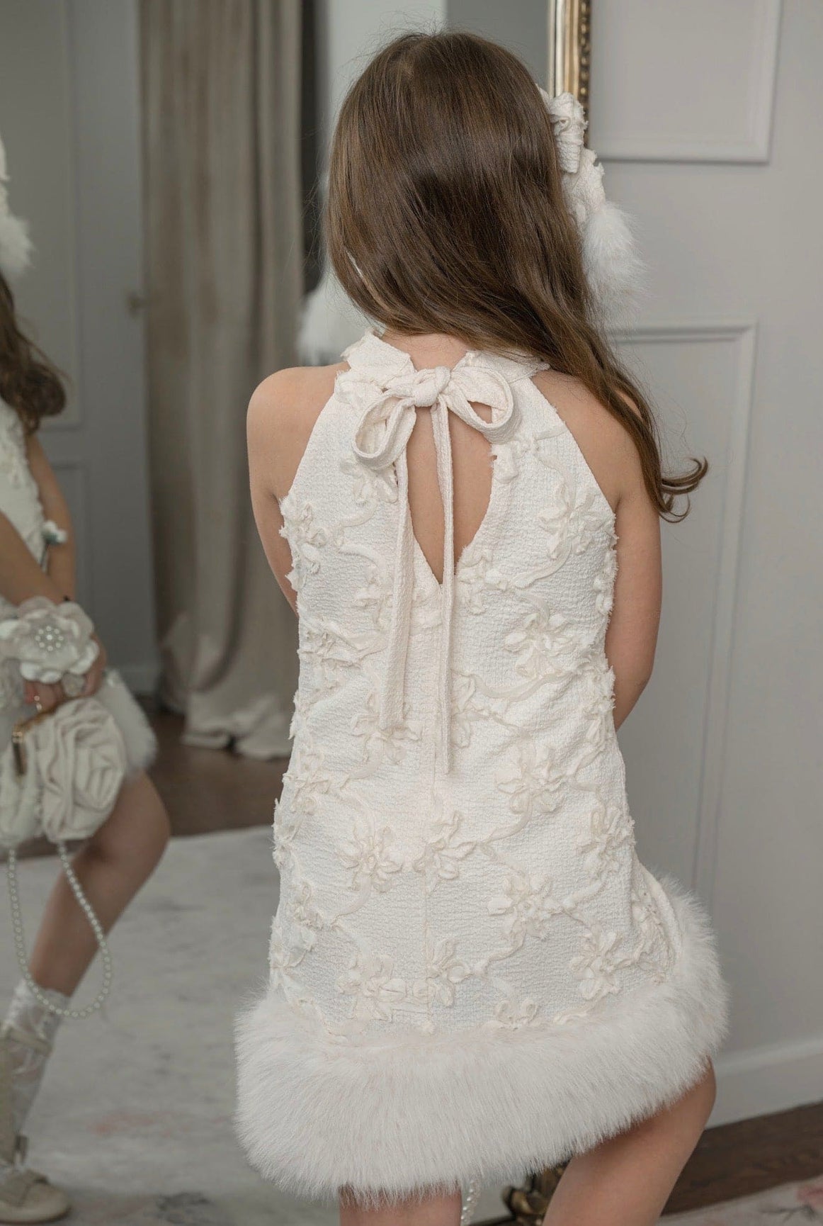 Girl | Ava Ivory Flower Faux Fur Dress