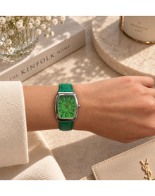 Green Bold Numeral Tonneau Watch Genuine Leather Band | Vibrant Green