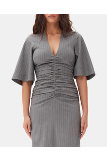 Grey Striped Suiting V neck Fitted Dress | Mirage Gray