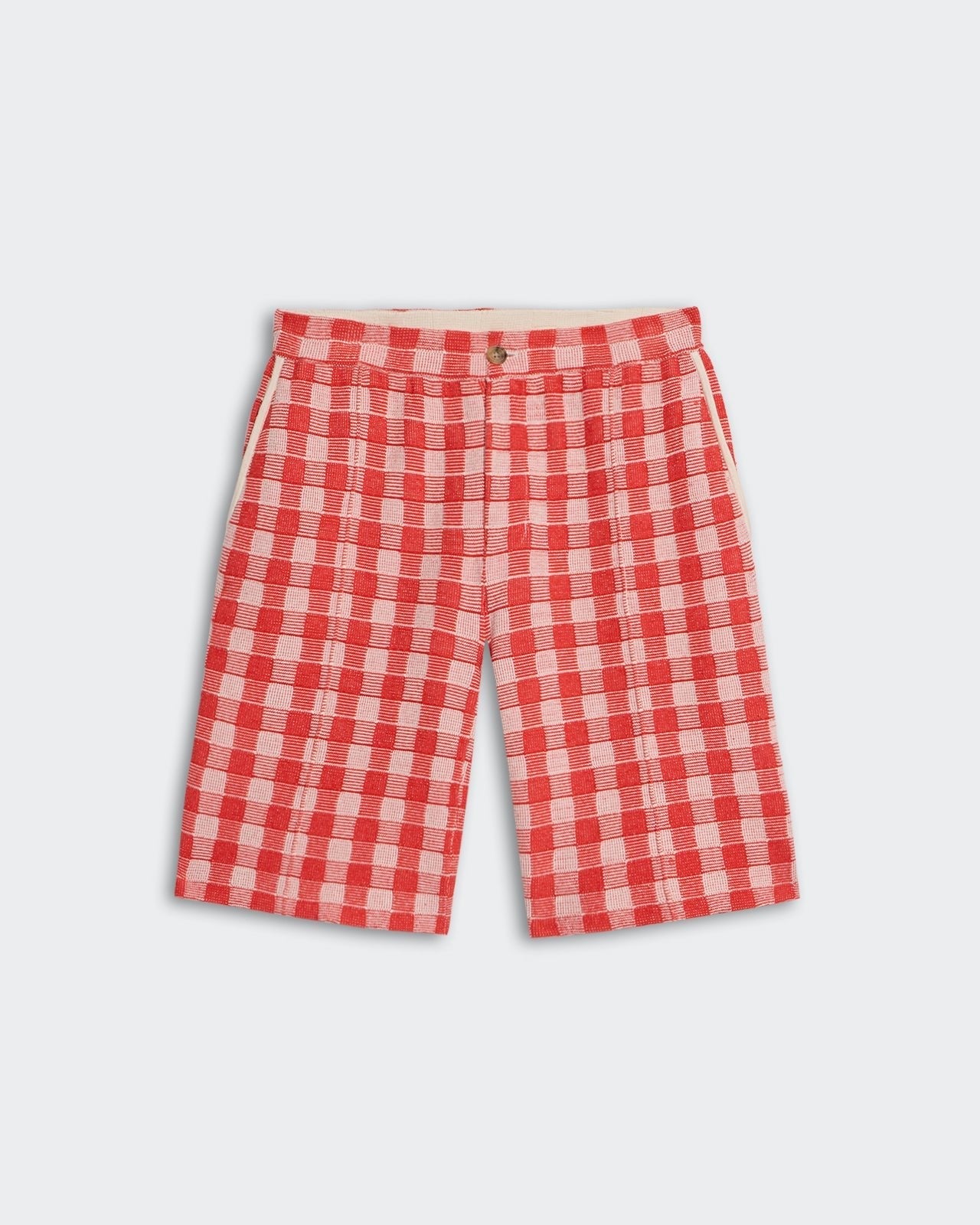 Gingham Bermuda Short - Cherry Combo with pintuck detail, front fly, side pockets, and jacquard gingham pattern.