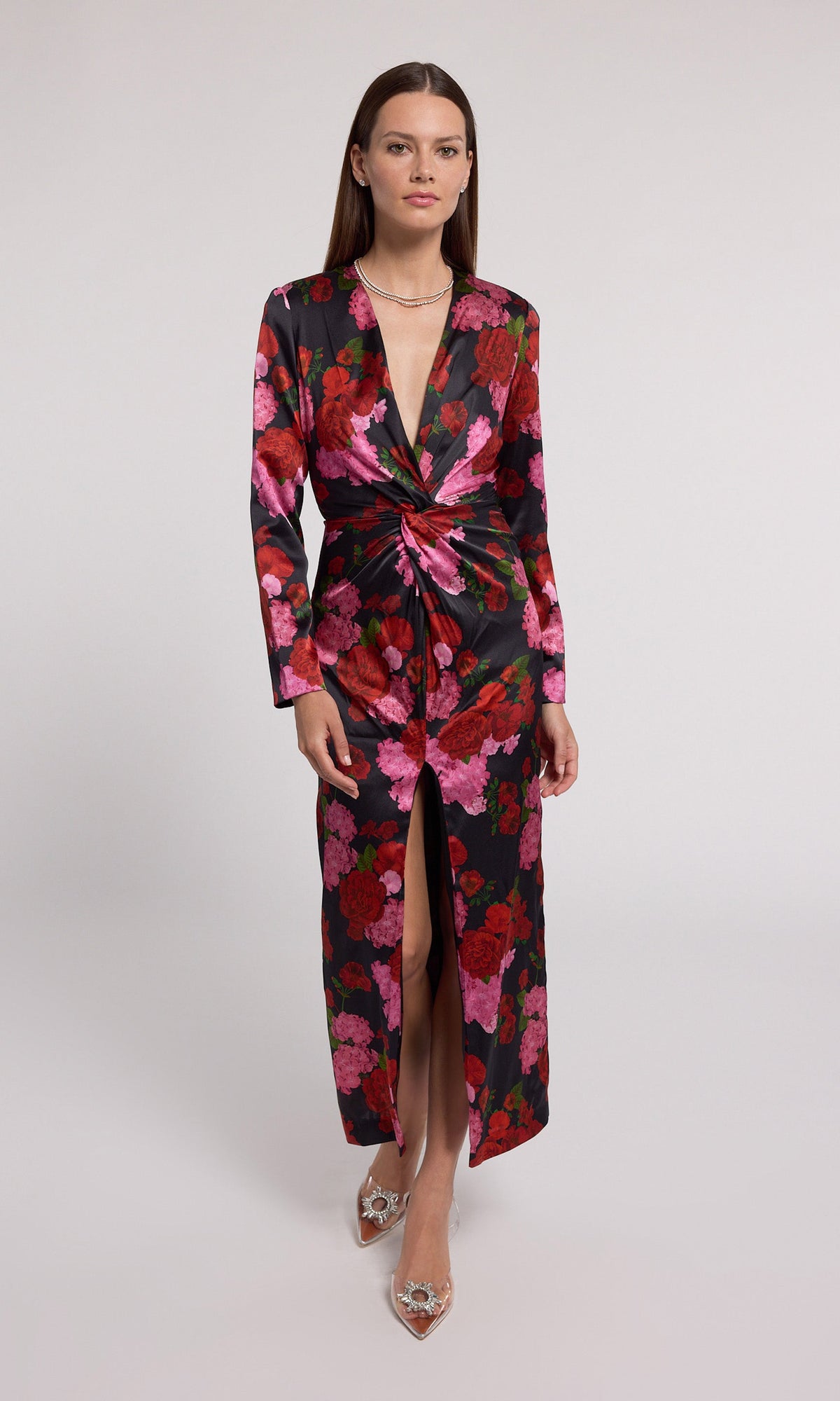 Silvanna Floral Satin Dress | Floral Fantasy Red