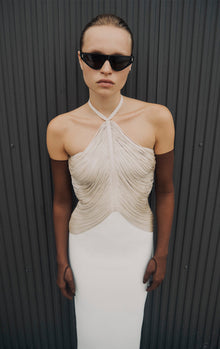 Draped Halter Fringe Midi Dress | Chalk Alabaster