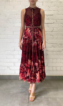 Hemant And Nandita | Aafa Viscose Georgette Lurex Dobby Long Dress With Tie Up Belt | Red/Beige