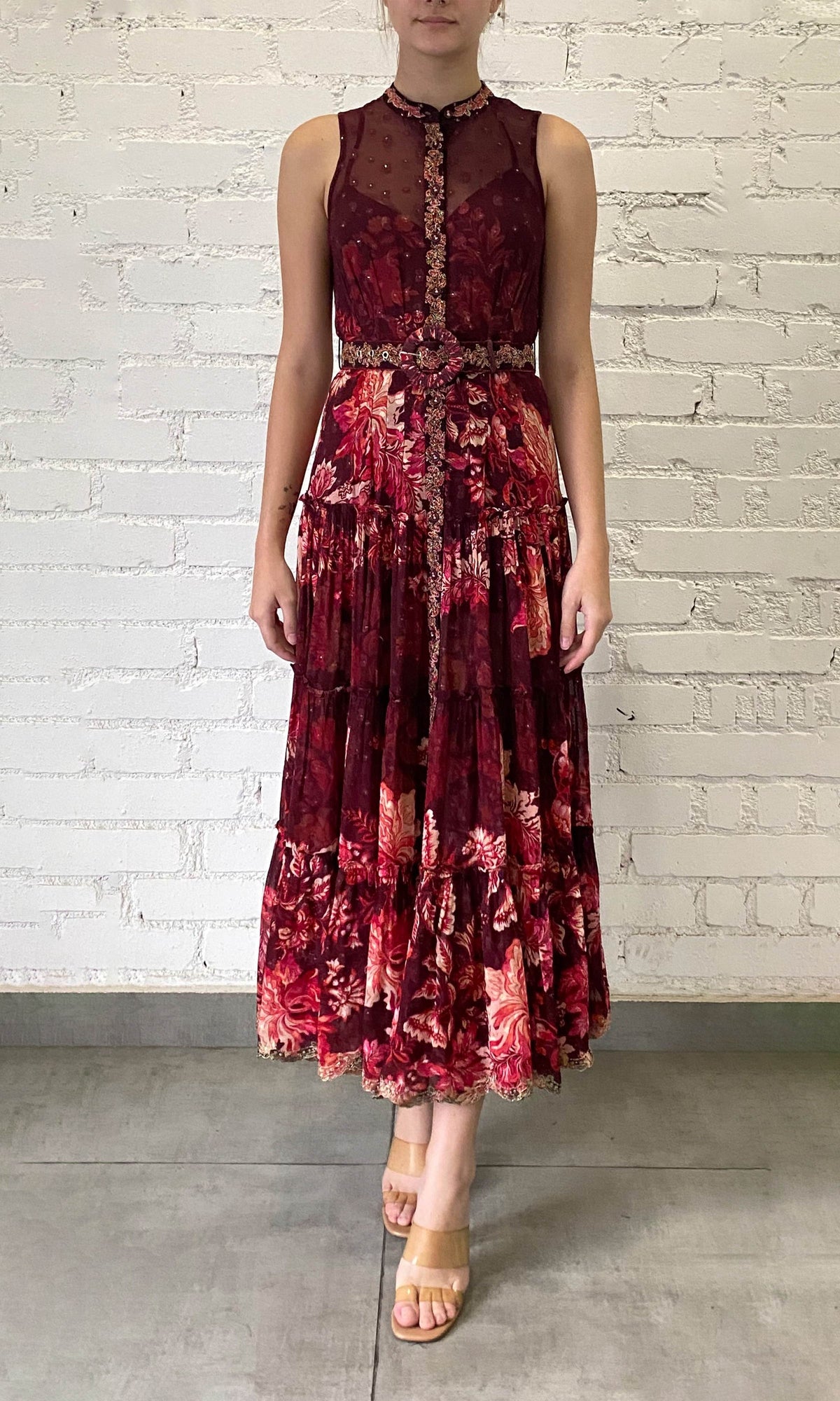 Hemant And Nandita | Aafa Viscose Georgette Lurex Dobby Long Dress With Tie Up Belt | Red/Beige