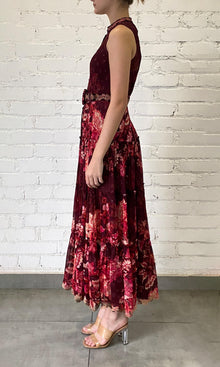 Hemant And Nandita | Aafa Viscose Georgette Lurex Dobby Long Dress With Tie Up Belt | Red/Beige