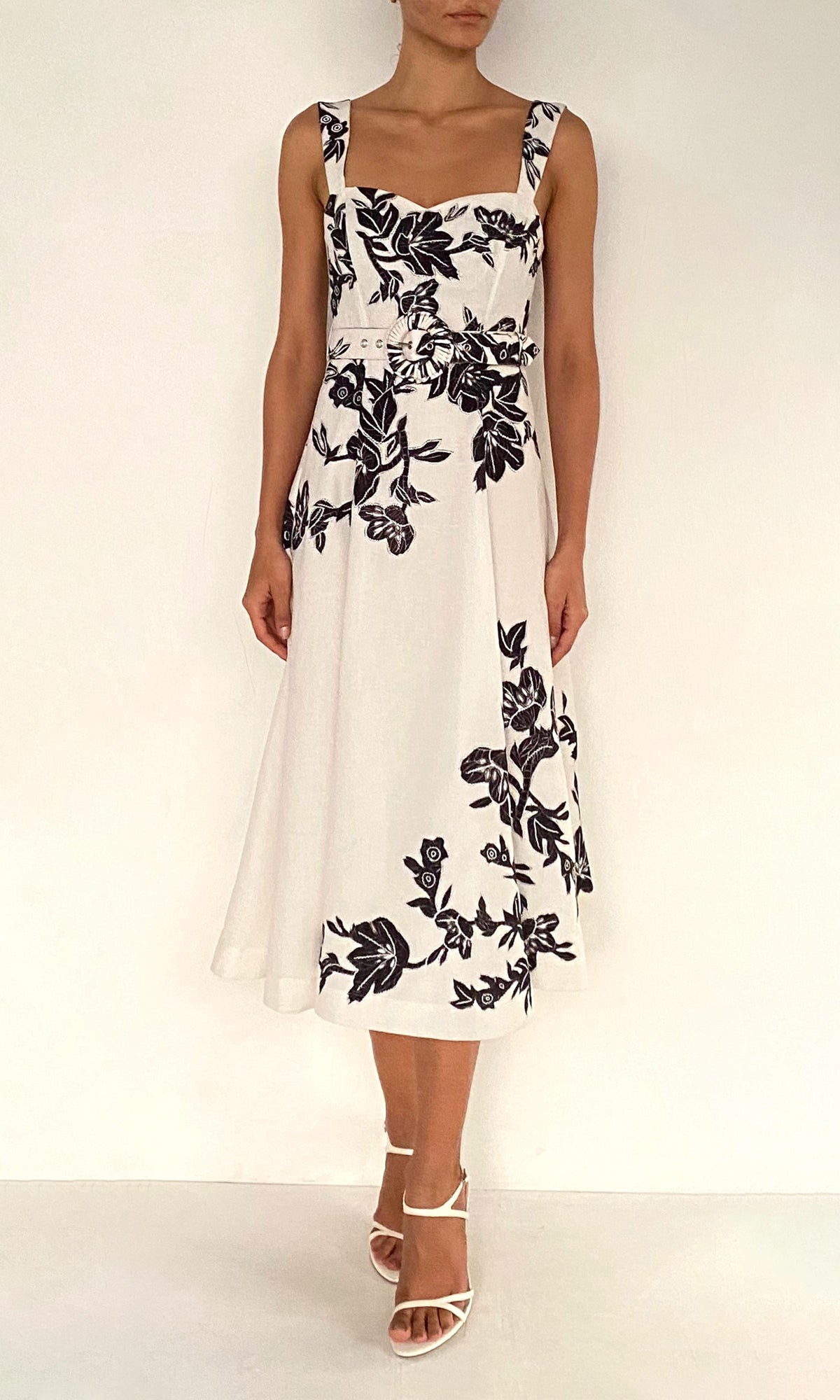 Hemant And Nandita | Aahi Linen Cotton Midi Dress With Buckle Belt | Black/White