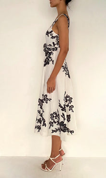 Hemant And Nandita | Aahi Linen Cotton Midi Dress With Buckle Belt | Black/White