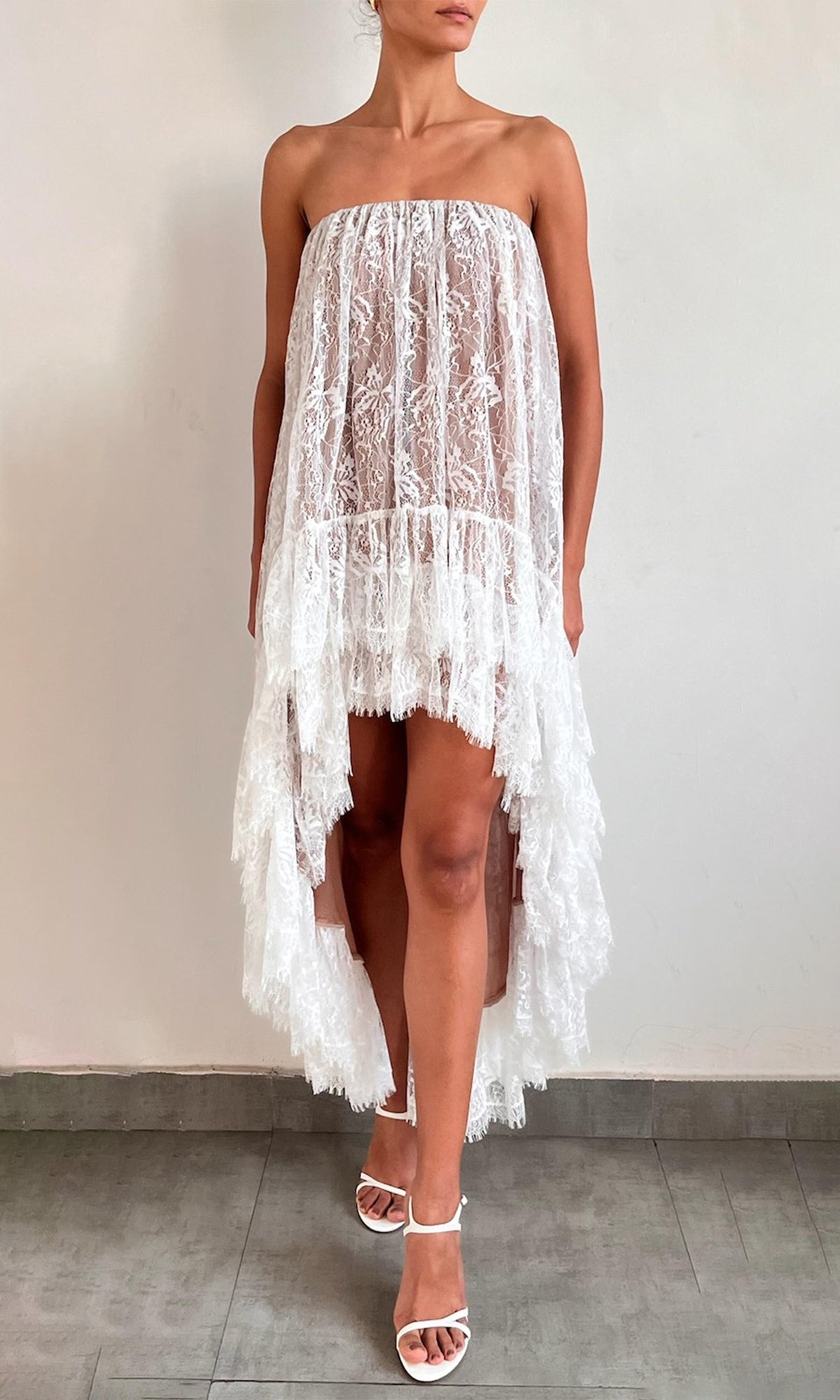 Womens | Adra Nylon Flower High Low Long Dress | Off White