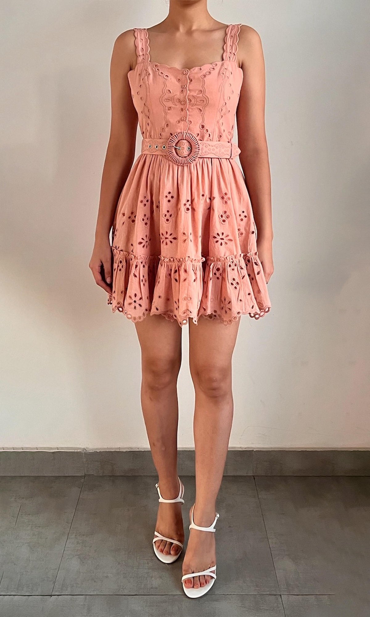Hemant And Nandita | Adya Cotton Cambric Short Dress With Buckle Belt | Coral