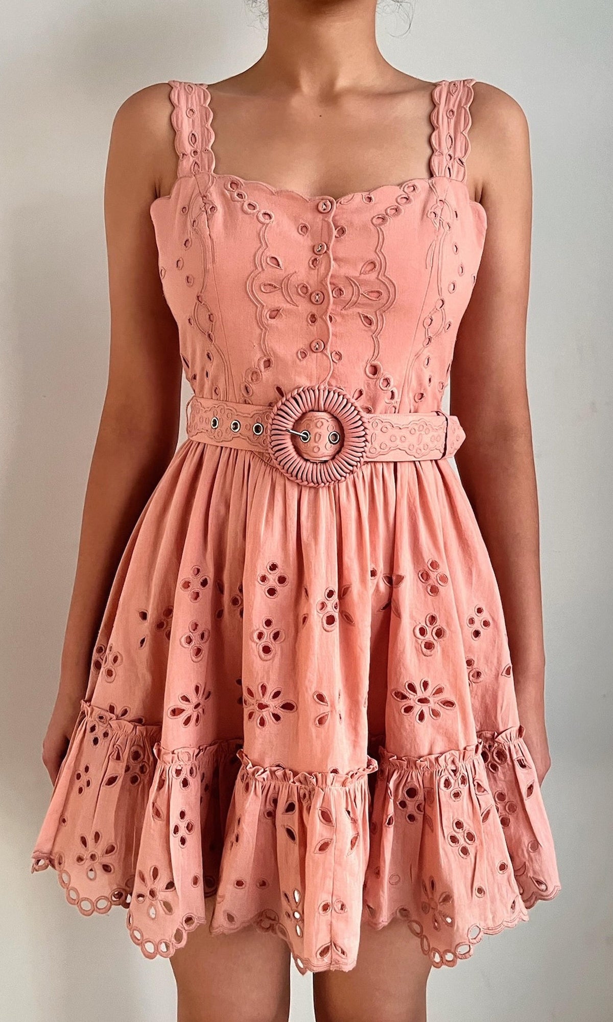 Hemant And Nandita | Adya Cotton Cambric Short Dress With Buckle Belt | Coral