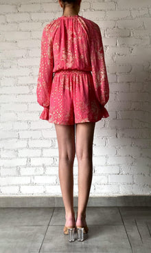 Womens | Asha Viscose Georgette Gold Boota Lurex Romper | Pink Floral