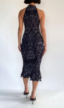 Hemant And Nandita | Atri Viscose Flat Chiffon Halter Neck Smocked Midi Dress | Grey