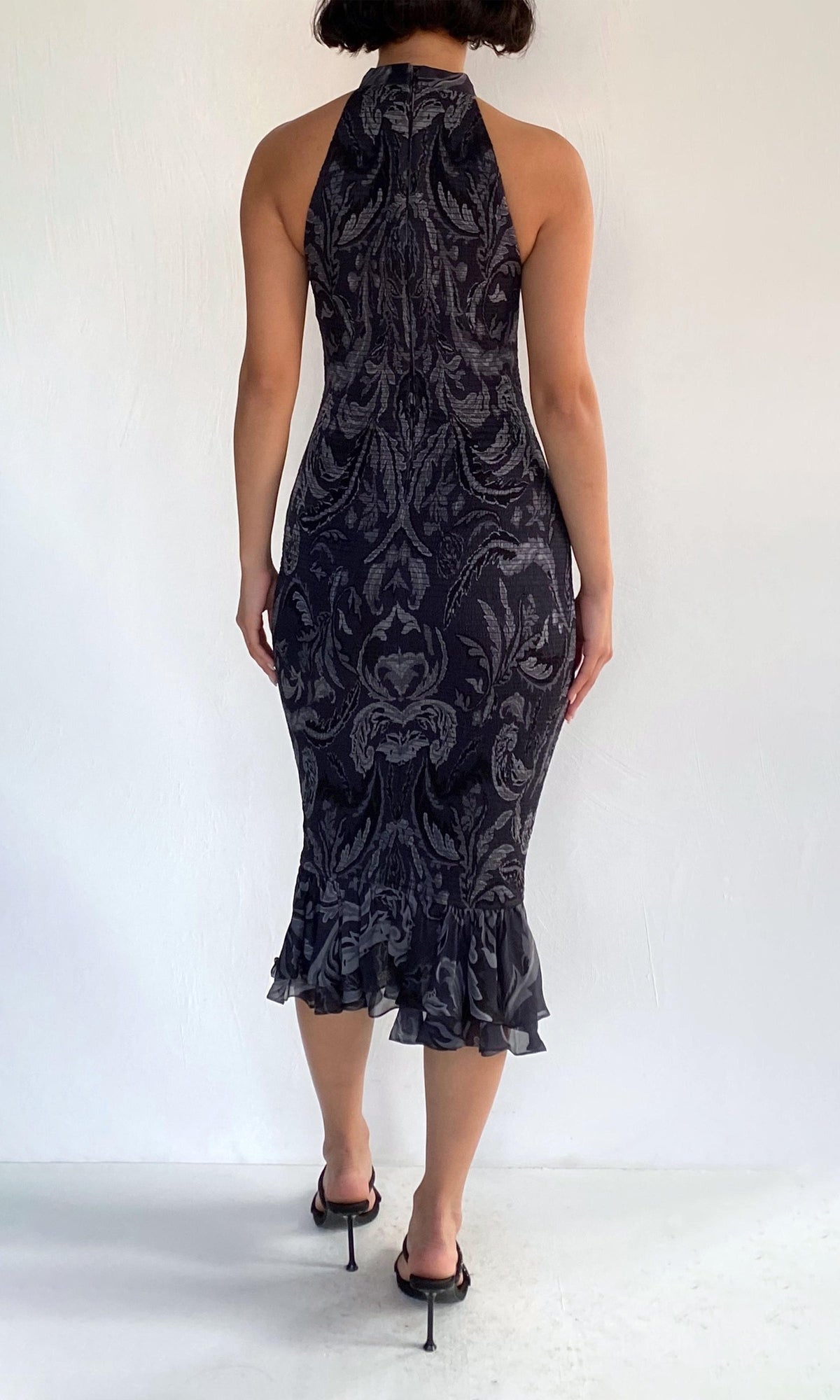 Hemant And Nandita | Atri Viscose Flat Chiffon Halter Neck Smocked Midi Dress | Grey