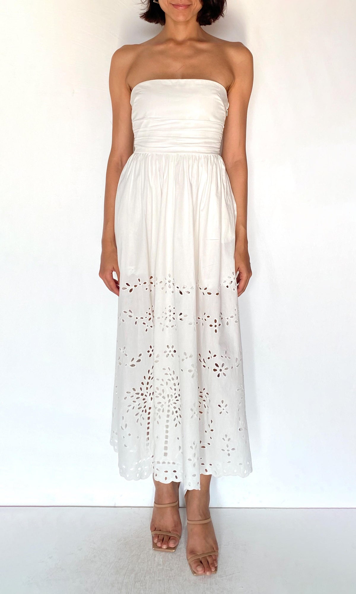 Womens | Bagh Cotton Ruched Bodice Midi Dress | White