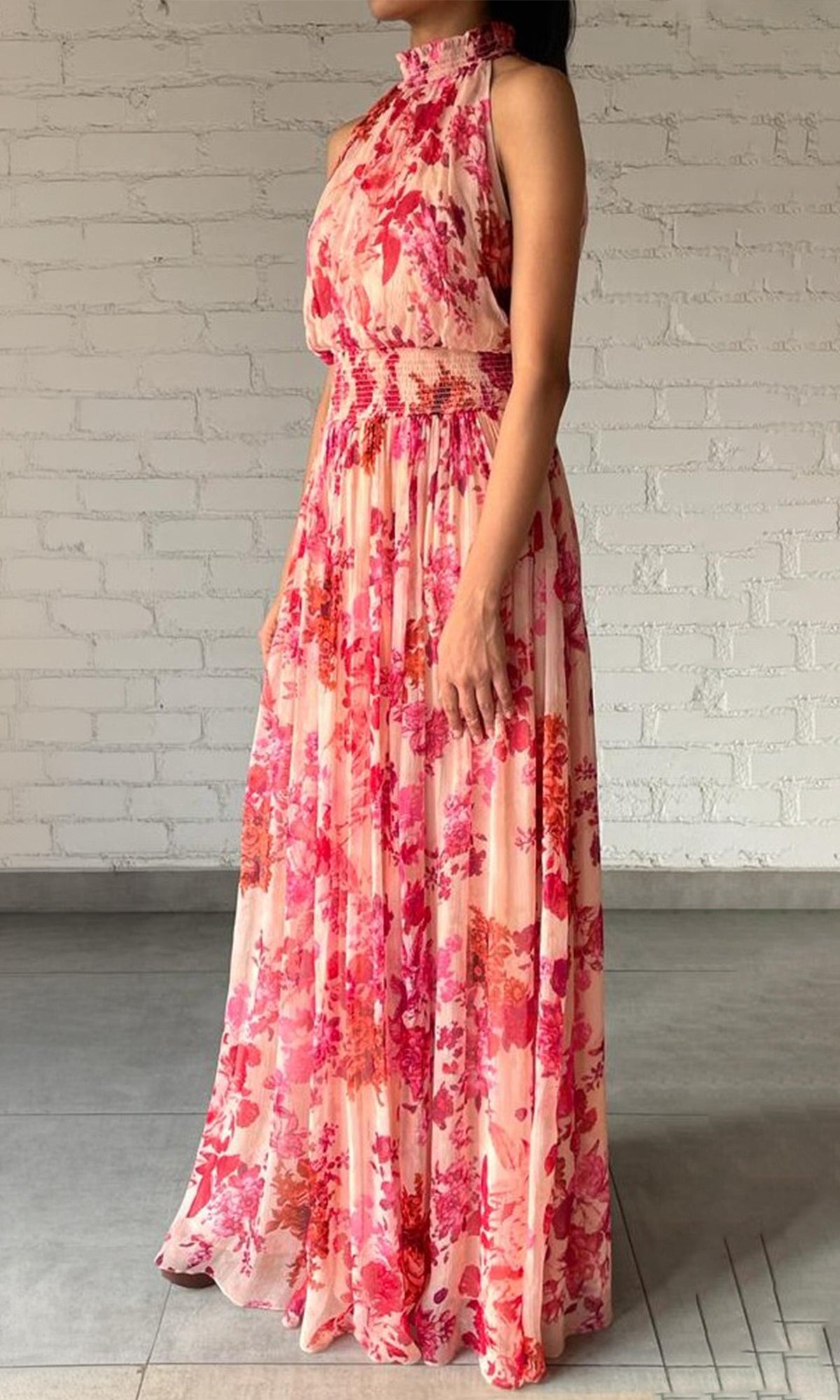 Womens | Dali Viscose Crinkle Chiffon Long Dress | Pink