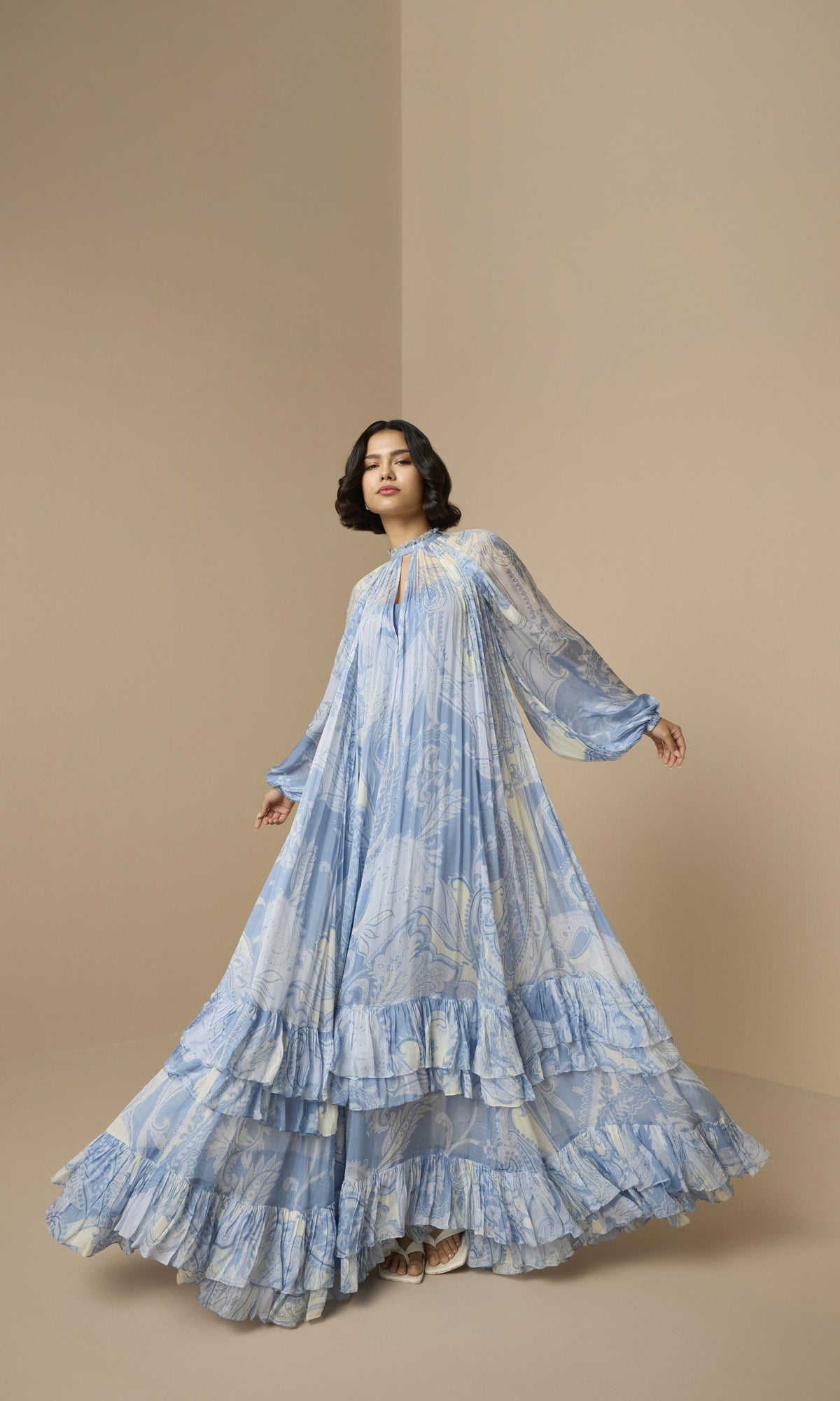 Hemant And Nandita | Fiza Viscose Flat Chiffon Maxi Dress With Slip | Powder Blue