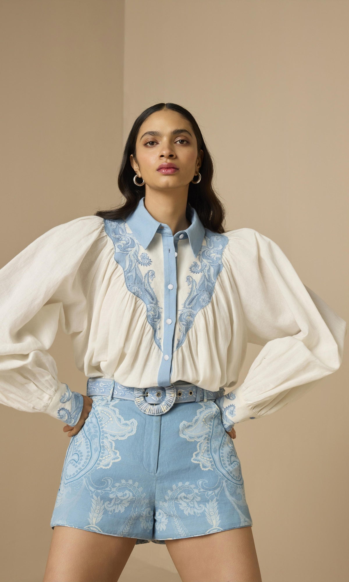 Womens | Fiza Cotton Hot Shorts With Buckle Belt | Powder Blue