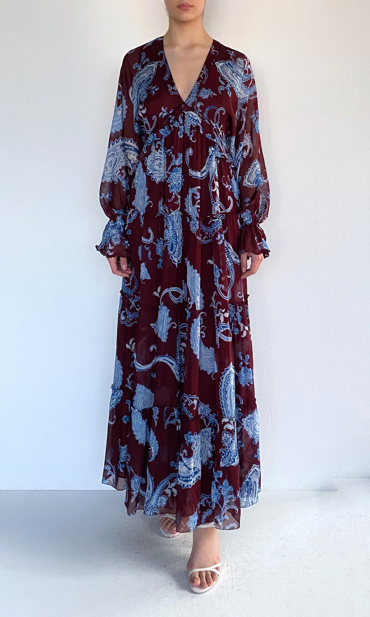 Hemant And Nandita | Hiba Viscose Flat Chiffon Long Dress | Merlot