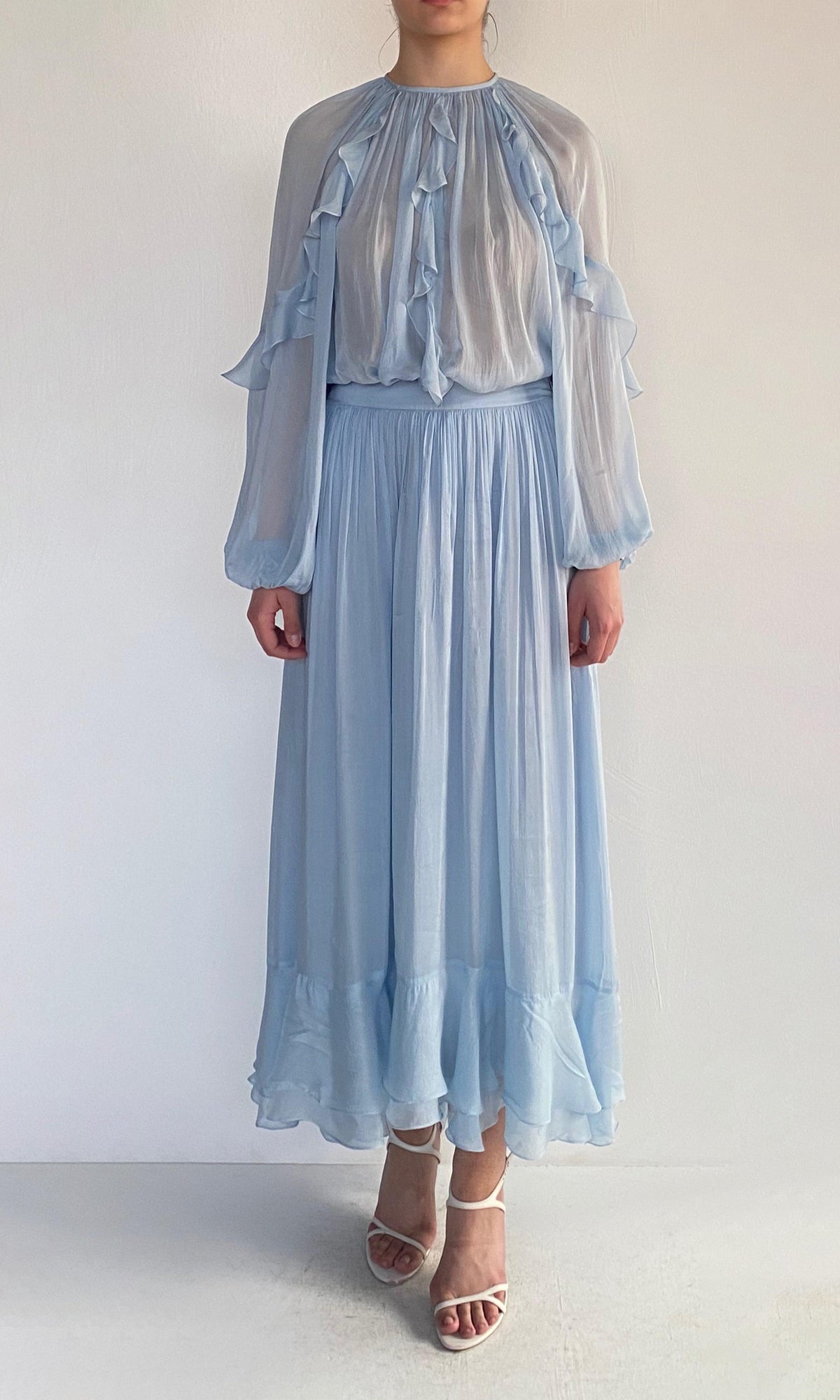 Womens | Hiya Viscose Flat Chiffon Ruffled Maxi High-Low Skirt | Powder Blue
