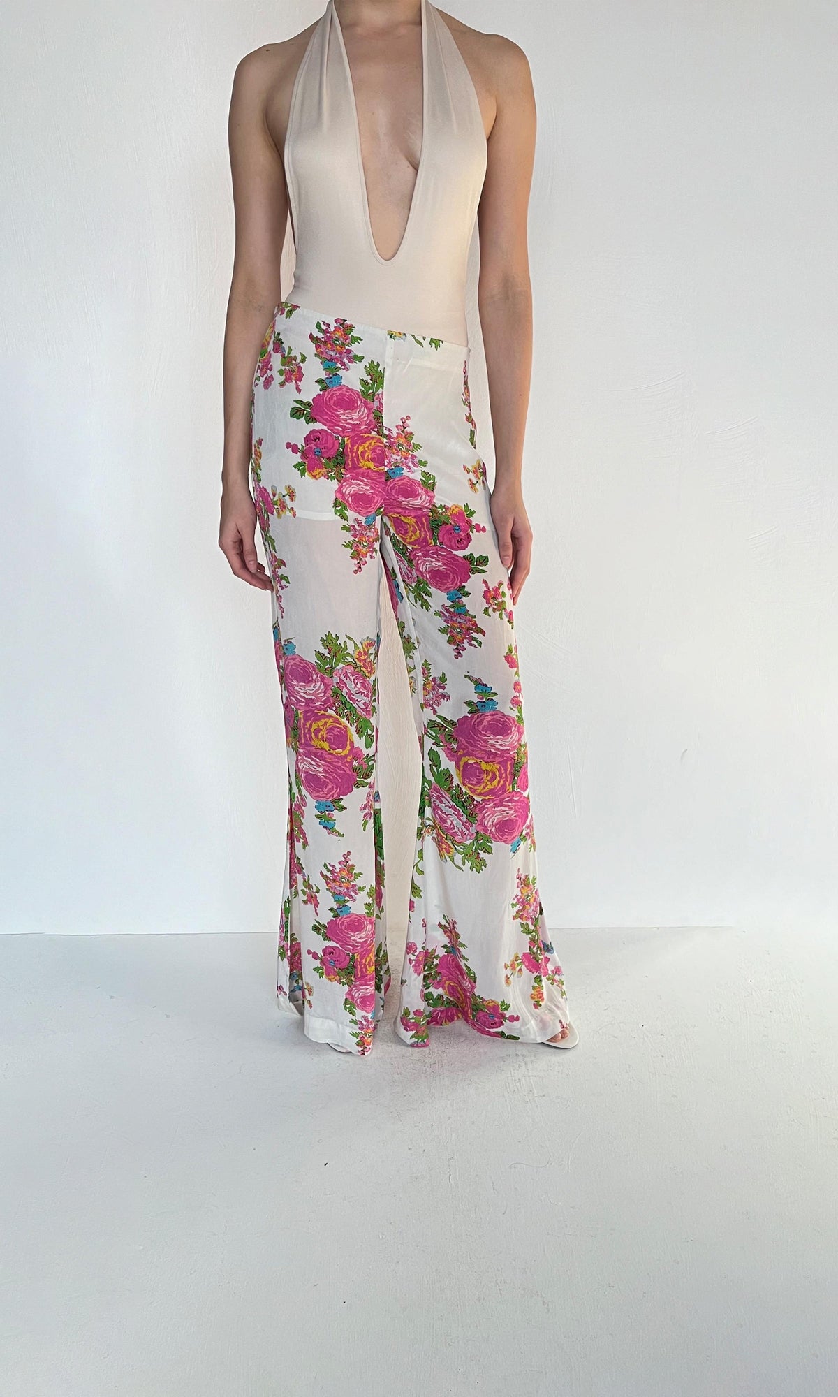Womens | Inv Polyester Satin Lycra Floral Pants | White