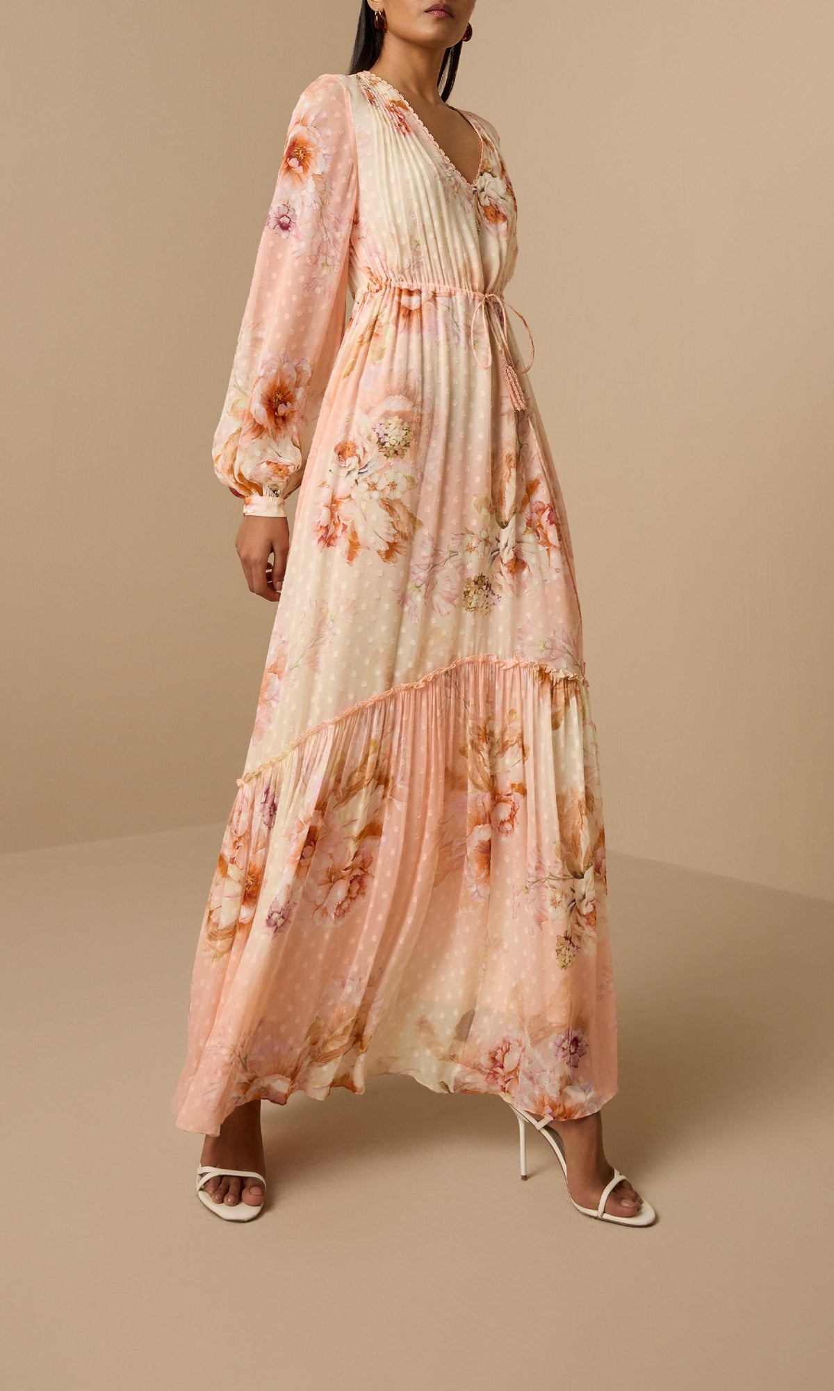 Hemant And Nandita | Kavi Viscose Georgette Boota Long Dress With Tie Up Tassels | Pink White