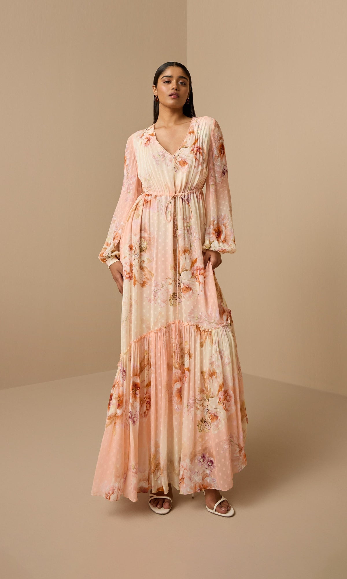 Hemant And Nandita | Kavi Viscose Georgette Boota Long Dress With Tie Up Tassels | Pink White