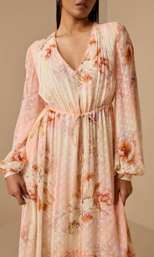 Hemant And Nandita | Kavi Viscose Georgette Boota Long Dress With Tie Up Tassels | Pink White