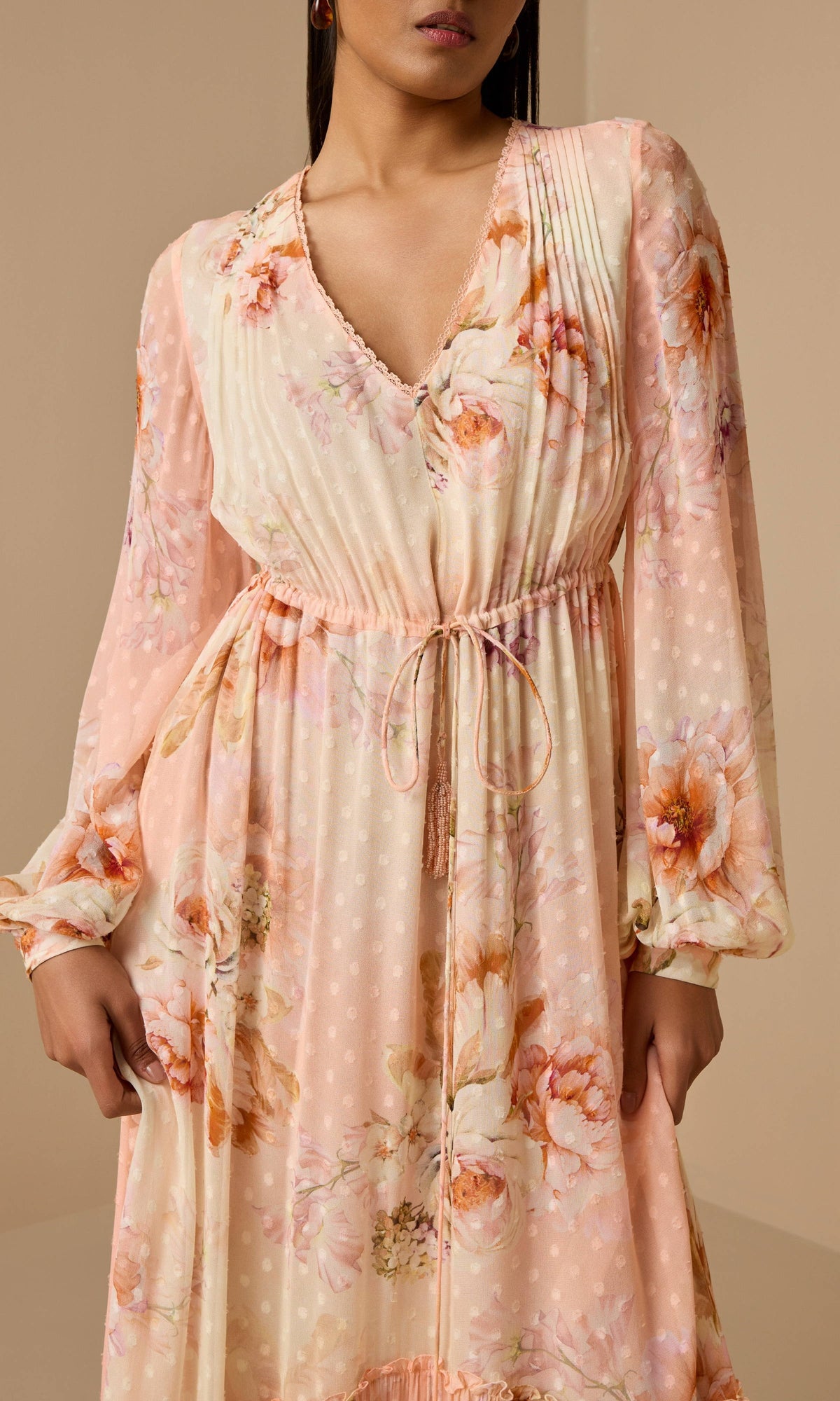 Hemant And Nandita | Kavi Viscose Georgette Boota Long Dress With Tie Up Tassels | Pink White