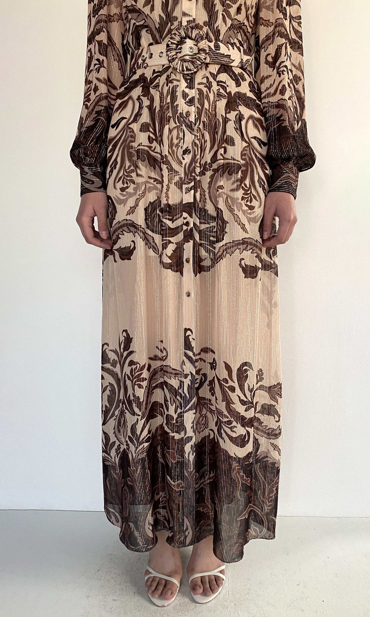 Hemant And Nandita | Lira Viscose Georgette Lurex Shirt Dress With Buckle Belt And Slip | Eggshell