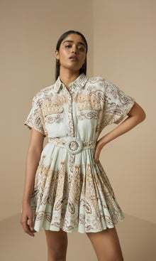 Hemant And Nandita | Navi Linen Cotton Short Dress With Tie Up Belt | Blue Brown