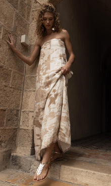 Hemant And Nandita | Nima Viscose Linen Strapless Long Dress With Buckle Belt | Light Brown/White