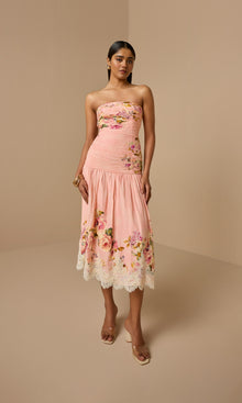 Hemant And Nandita | Niva Linen Cotton Ruched Midi Dress | Pink Floral