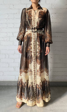 Hemant And Nandita | Omya Viscose Ggt Stripe Lurex Long Shirt Dress With Buckle Belt | Brown Multi