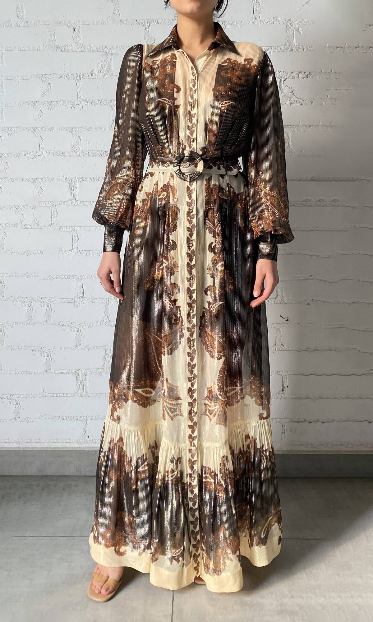 Hemant And Nandita | Omya Viscose Ggt Stripe Lurex Long Shirt Dress With Buckle Belt | Brown Multi