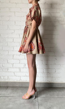Womens | Omya Cotton Linen Short Dress | Beige/Orange Multi