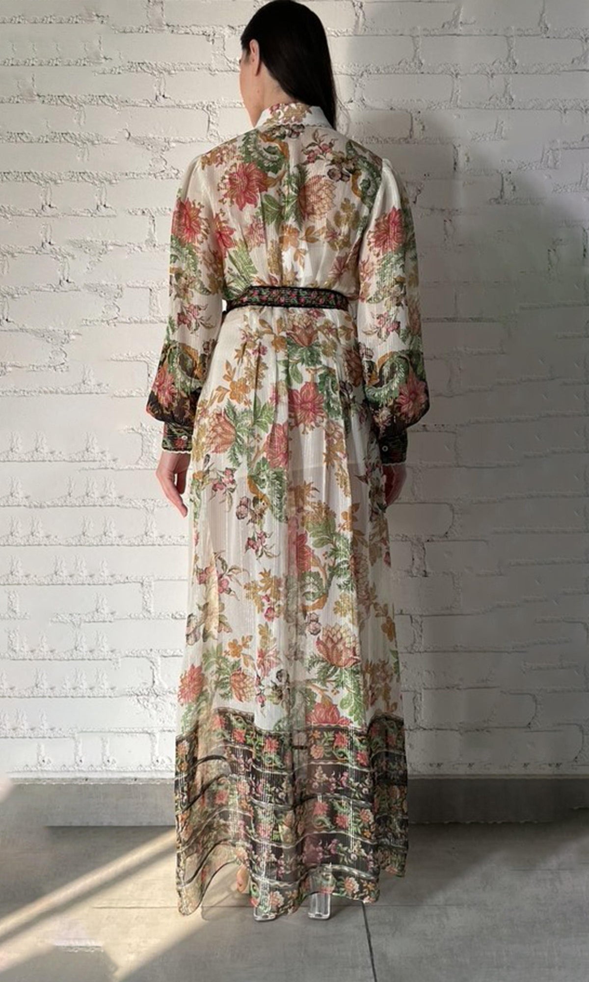 Hemant And Nandita | Pahi Viscose Georgette Lurex Stripes Shirt Dress With Handcrafted Buttons And Belt | Black Offwhite Floral