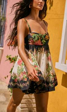 Hemant And Nandita | Pahi Viscose Organza Linen Short Dress With Quilted Yoke | Black Offwhite Floral